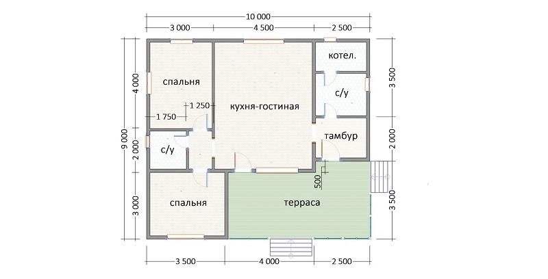 Проект дома для семьи: 1 этаж, 90 кв.м., 2 спальни, 2 с/у, котельная и терраса